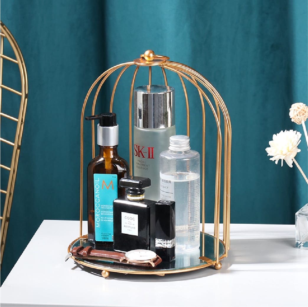 Bird Cage Makeup Organizer, Nordic Iron Cosmetic Storage Rack, 2 Tier Wire Storage Holder, Bathroom Bedroom Tabletop Makeup Organizer, Gold Birdcage Shape Dresser Tray Bird Cage Makeup Organizer, Nordic Iron Cosmetic Storage Rack, 2 Tier Wire Storage Holder, Bathroom Bedroom Tabletop Makeup Organizer, Gold Birdcage Shape Dresser Tray